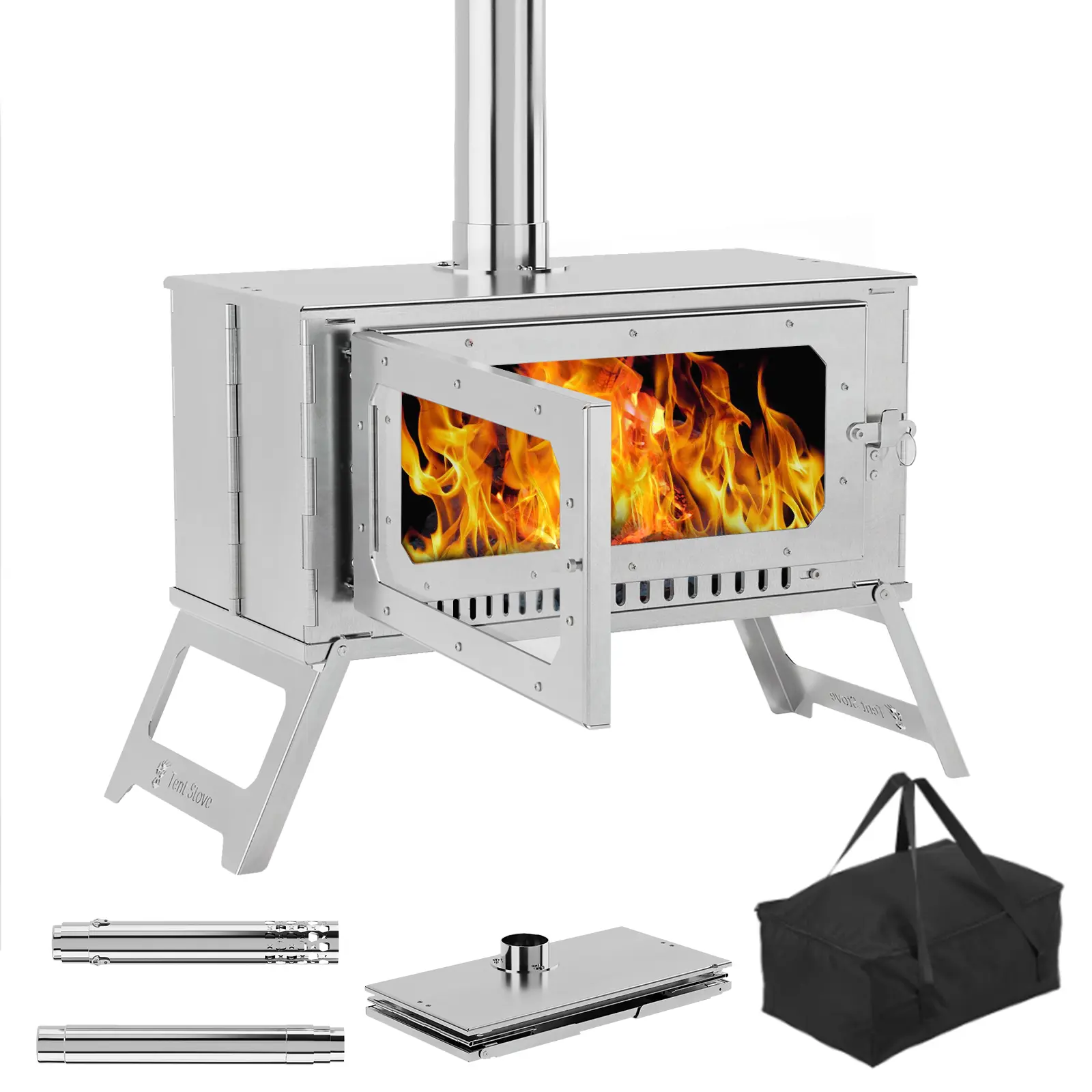 Portable Large Stainless Steel Charcoal Heating Camping Stove – Collapsible Design, Viewing Glass, 5 Chimney Pipes, Carry Bag – Ideal for Outdoor Heating, Cooking, Survival, Outdoor Cooking Station, Portable Kitchen