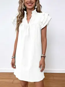 A women's solid color multi-layer ruffled sleeve V-neck pullover dress, suitable for summer, daily casual wear, vacations, dates, gatherings, and othe