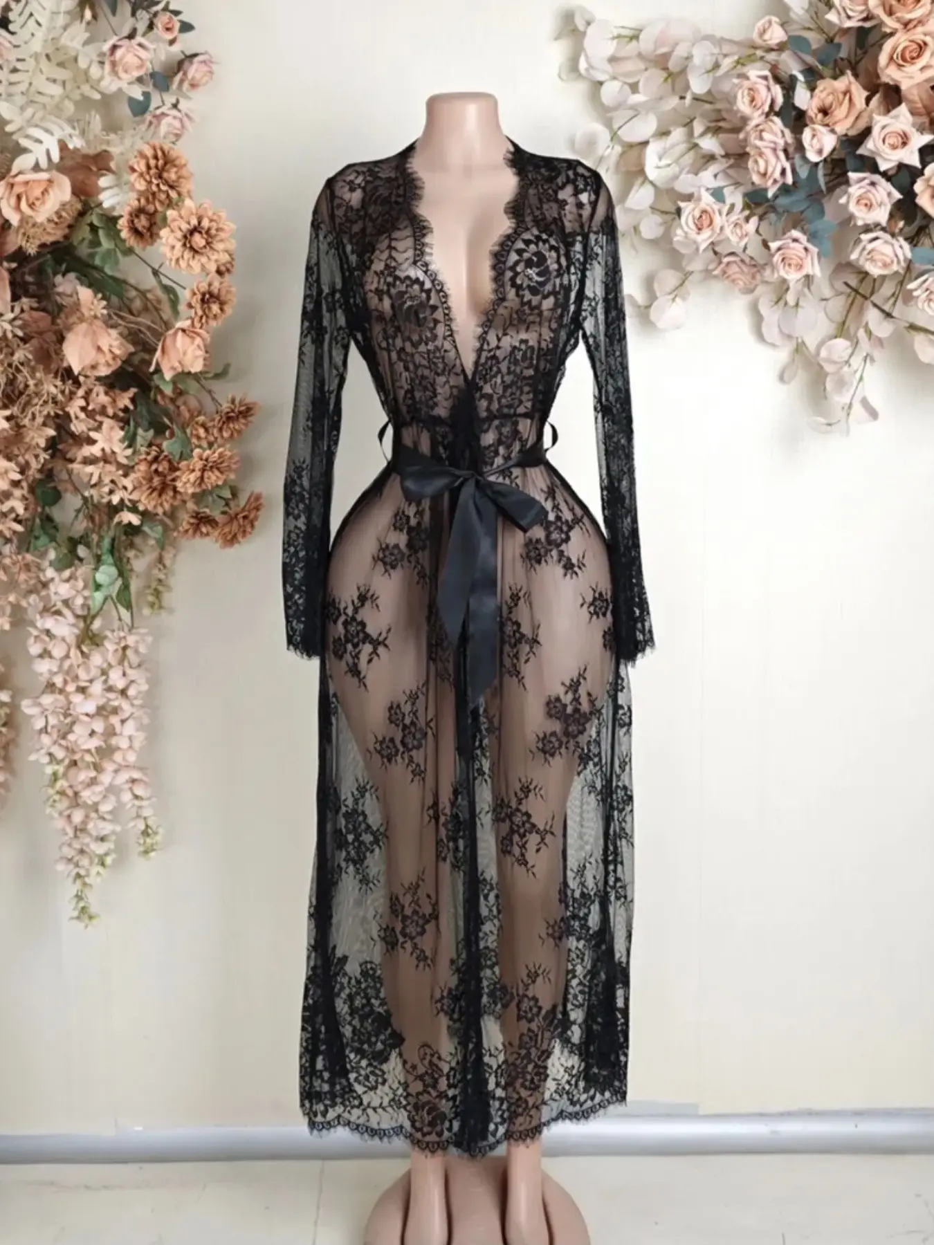 Women's Lace High Slit Transparent Long Robe, Lingerie, Nightwear, Couple, Romantic Style, Party, Bff Gathering, Bridal Party, Loungewear