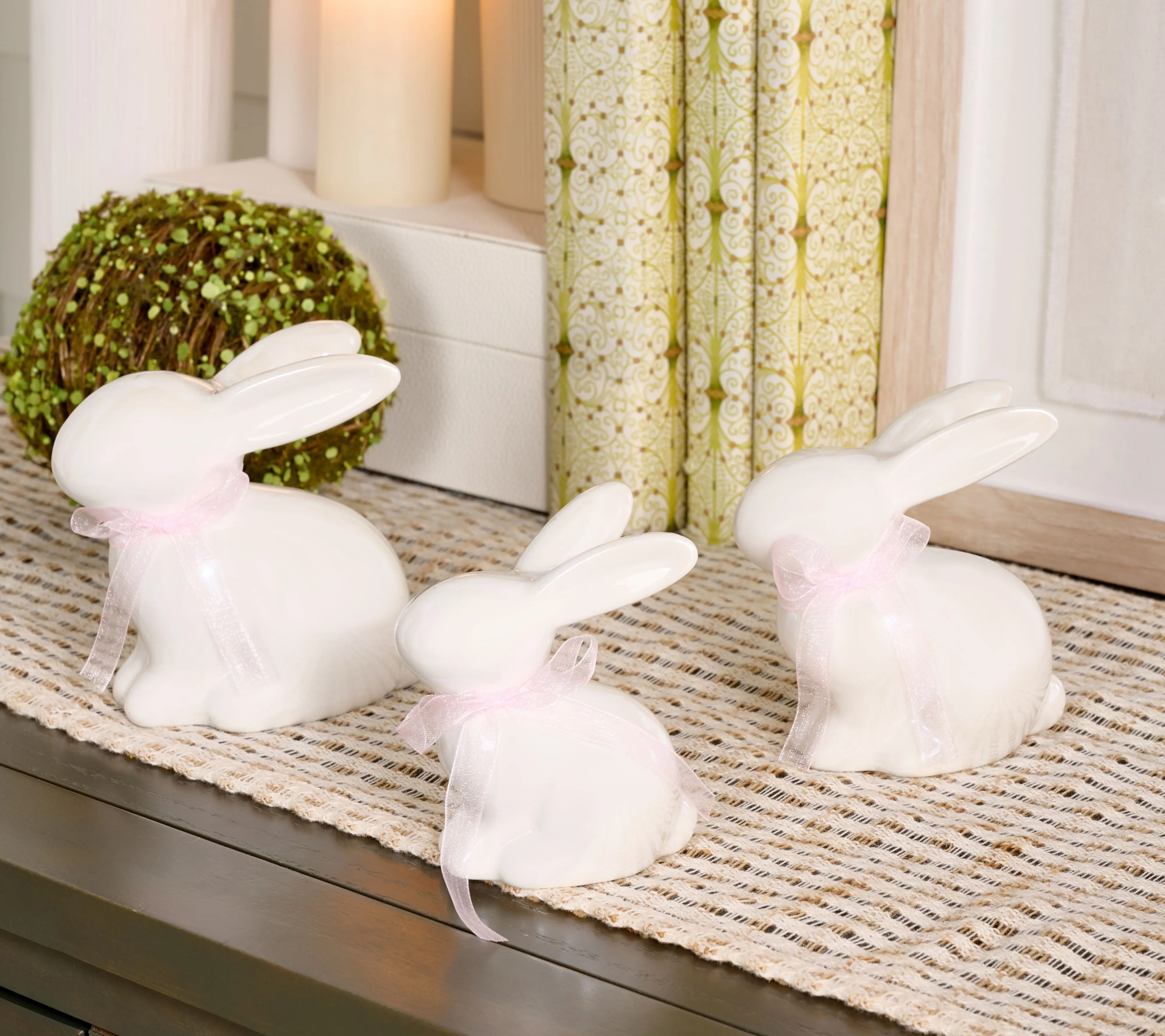 Home Reflections S/3 Pearlized Ceramic Bunnies with Bow Home Reflections S/3 Pearlized Ceramic Bunnies with Bow