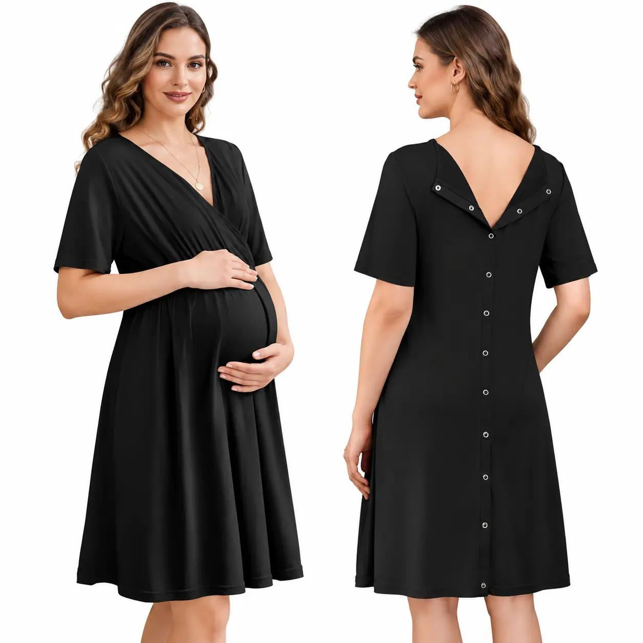 Maternity Nursing Dress, Soft Stretchy V-Neck Pregnancy Dress with Button-Down Back, Short Sleeve Postpartum Dress for Breastfeeding, home clothes