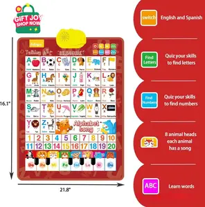 English & Spanish Bilingual Alphabet Sound Poster with Songs ABCs Numbers Animal Words & Piano Interactive Educational Toy for Toddlers 1-6 No Screen Battery Powered Alphabet Preschool Teaching Supplies for Kids
