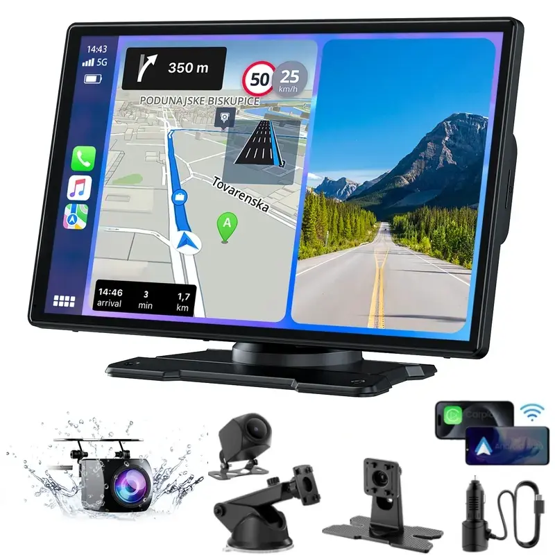 WHATOOK 9 inch Portable Wireless Carplay with 1080p Backup Camera GPS Navigation Mirror Link Voice Control Bluetooth Car Stereo Upgrade