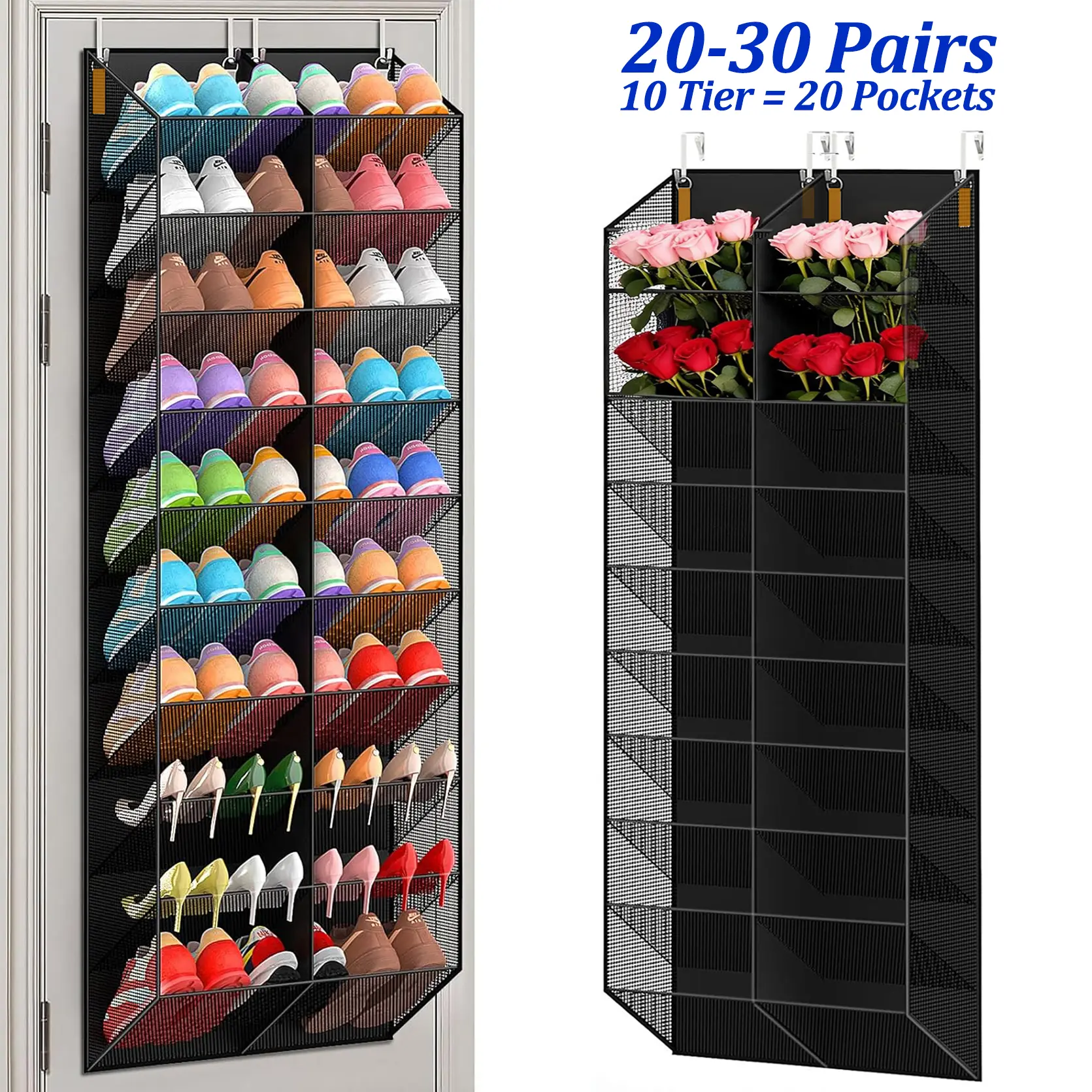 20-30 Pairs Over the Door Shoe Rack Organizer, 10-Tier Door Shoe Holder Storage, 20 Large Deep Pockets Breathable Mesh Hanging Shoe Storage for Closet, Handing Shoes Holder Fit All the Family's Sneakers, Boots, Heels, White, Shoe Rack Organizer