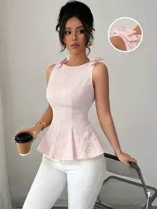 New Women's Woven Textured Small Flower Fabric Sleeveless Shoulder Strap Bow Design Waist Cinching Fitted Hem Ruffle Fashion Versatile Elegant Vest Top