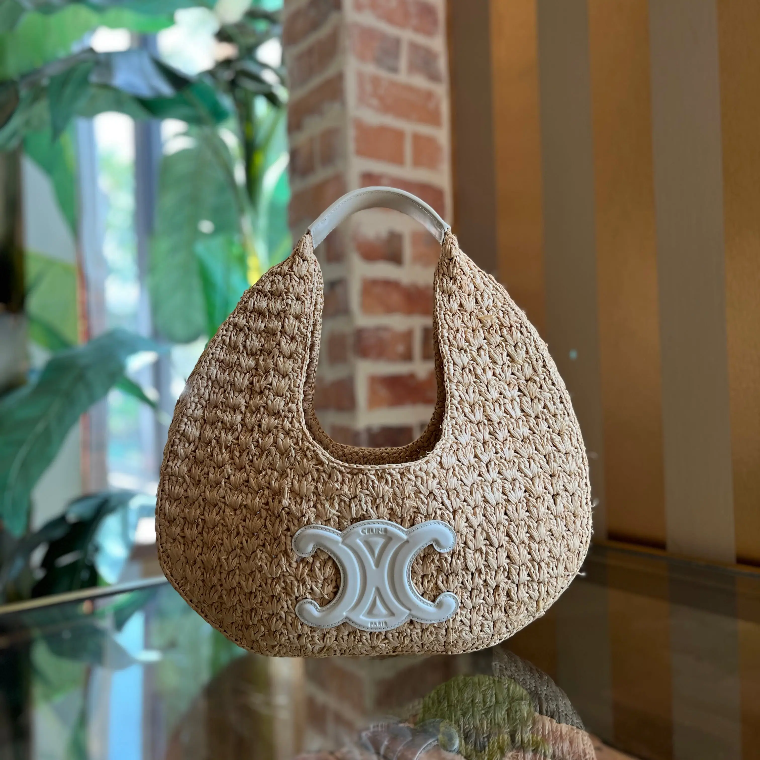 Pre-owned Celine raffia Shoulder Bags Classic Panier Natural White and Calfskin Hobo Bag