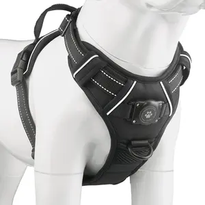 AirTag Dog Harness, Integrated Dog Vest with 100% Waterproof Air Tag Holder, No-Pull No-Choke Reflective Dog Vest Harness with Apple Air Tag Case for Small Medium Large Dogs (Black, L)