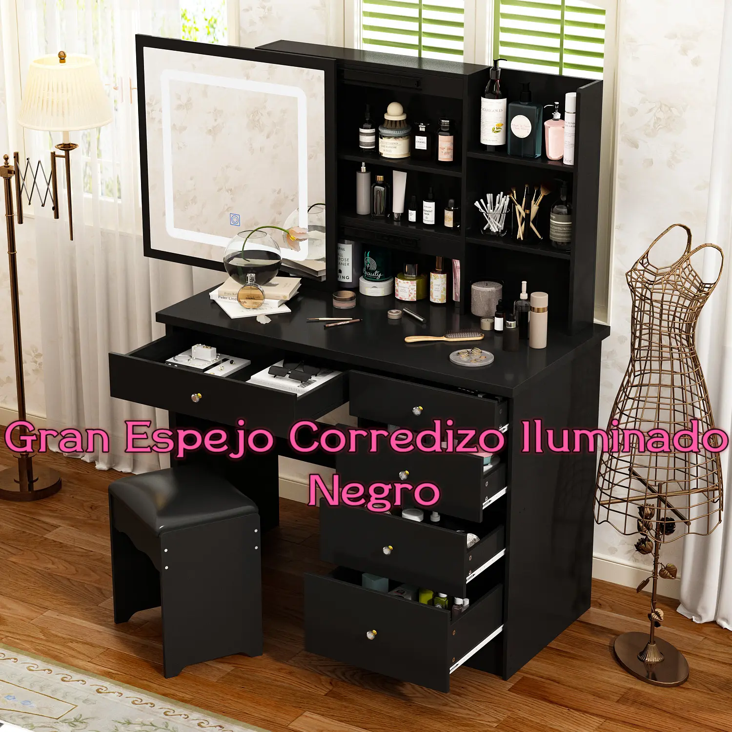 Large Sliding Lighted Mirror / Black