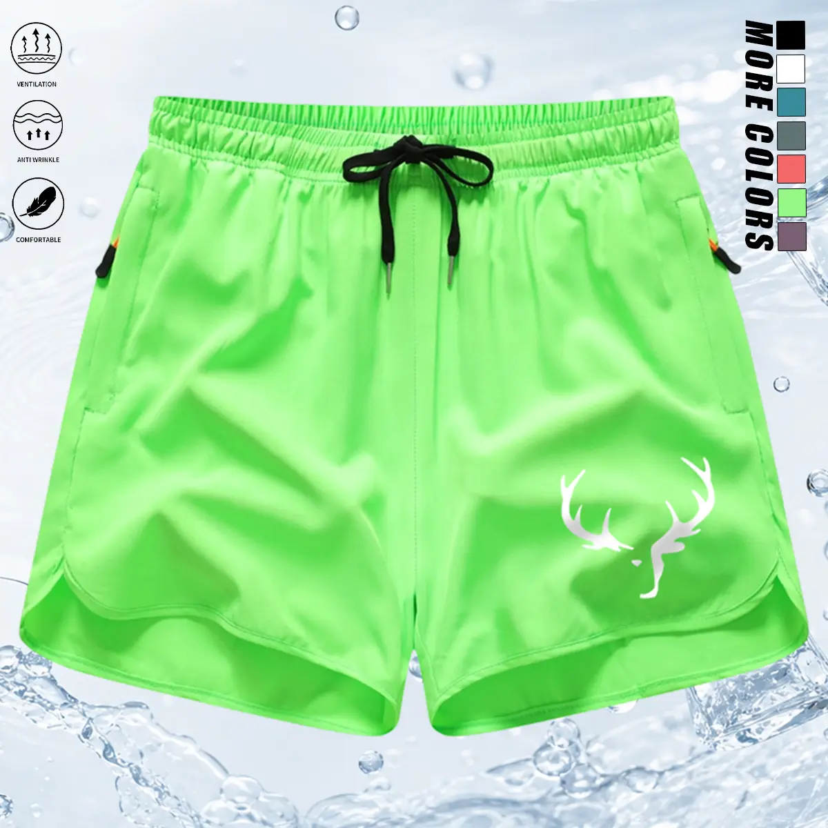 Women's Polyester Fabric Black Shorts - Women's Clothes, Elastic Waist Sportswear, Quick-Dry Athletic, Deer Horn Print, Split Curved Hem, Wrinkle-Resistant Loose Fit, Lightweight Breathable, Ideal for Running, Beach