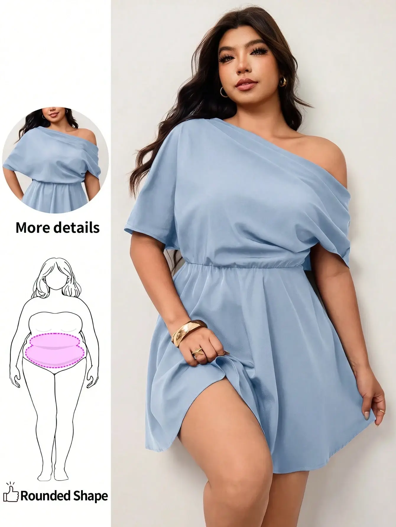VYNCE Plus Size Women's Casual Commute Solid Color Asymmetric Neckline Waist-Cinched Umbrella Skirt Dress Elegant Wedding Guest