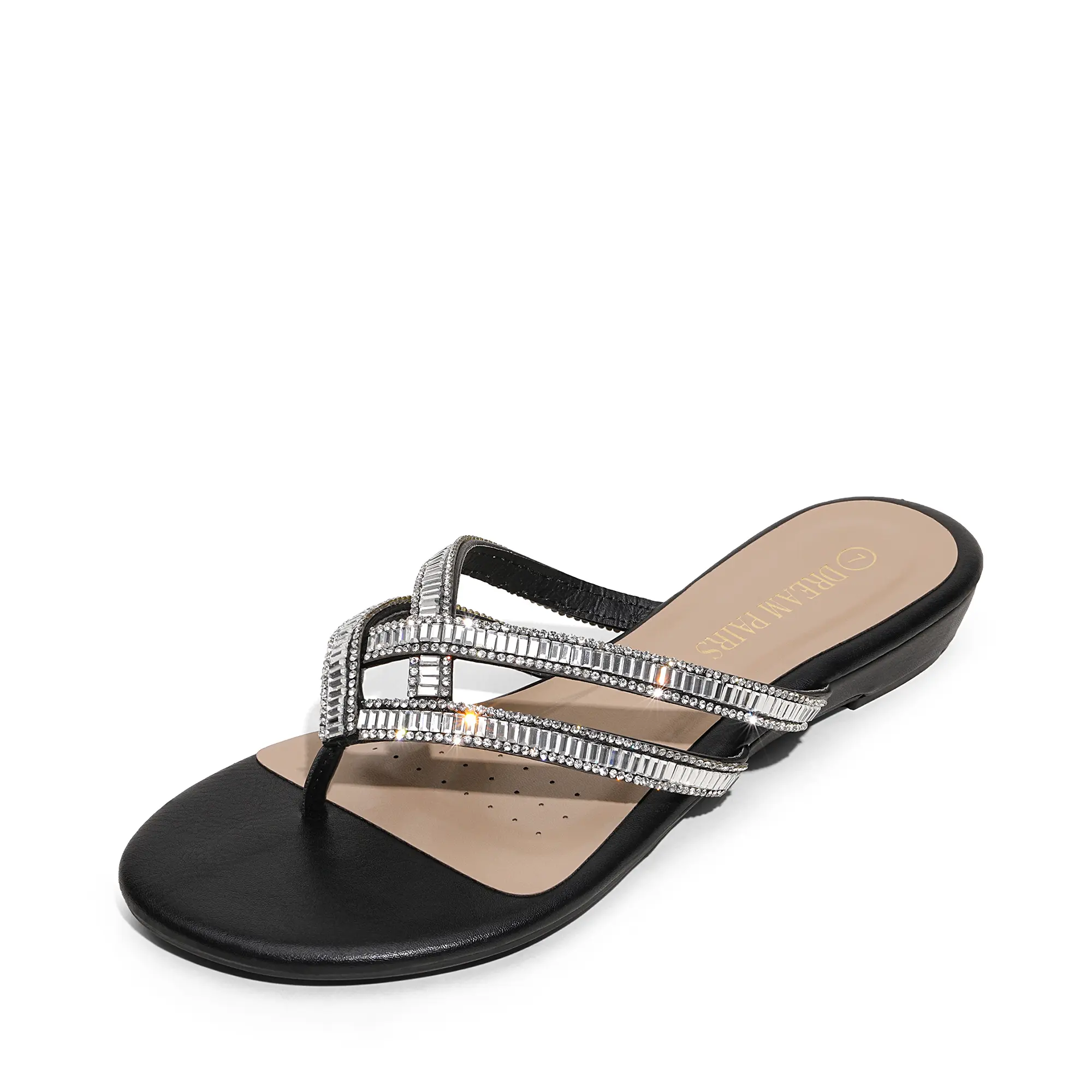 Dream Pairs Women's Elegant Rhinestone Sandals, Comfortable Flat Heel Thong Flip-Flops, Summer Walking Shoes with Padded Faux Leather Insole, Women's Sandals, Slip On, Open Thong, Padded Insole, Casual, Cute, Low Heel (1-3 Cm), Footwear, Rubber, Statement