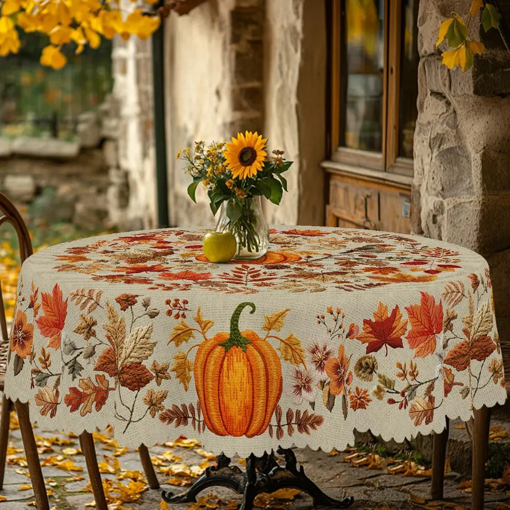 PLUMLIK Embossed Durable Fabric Holiday Tablecloth (Multi-Size: Round-60in/Rectangle) - Scratch & Stain Guard, Machine Washed, Rustic Autumn Farmhouse Pumpkin-Maple Leaf Pattern, Thanksgiving Kitchen Decor, Housewarming Gift, Home Supplies, Embossing, 60X