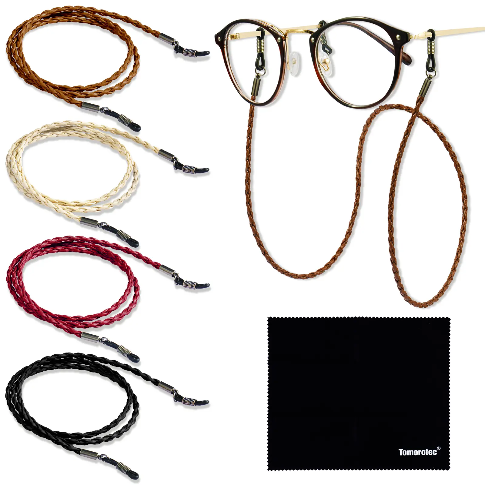 Tomorotec 4-Pack Premium PU Leather Eyeglasses Holder Strap Cord - Aphlos Retainer with Loop, Universal Compatibility, Keeps Glasses Secure for Christmas, Daily Use, Eyewear Retainer String, Glasses Lanyard, Beach, Fashion, Everyday, 13 Inches, Enhanced A