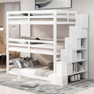 Twin Size Triple Bunk Bed Frame with Stairs and Storage, Kids Solid Wood Twin Over Twin Over Twin Bunk Bed Frame, Separate Design (White)