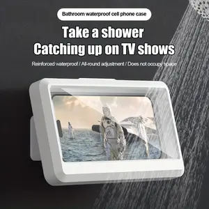360 °   rotating waterproof phone holder, wall-mounted, white, with sensitive touch screen, no-hole design, suitable for bathrooms, kitchens, and other environments. Wall-mounted bracket saves space, is durable, and makes a perfect holiday gift.