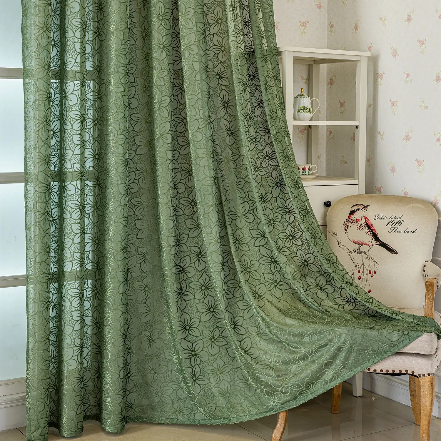 1pc Forest Green Sakura Embroidery Sheer Curtains Grommet Top, Semi-Sheer Drapes for Cozy Bedroom, Yoga Space & Sunroom Decor, Window Curtain, Net Curtain Window, Home Decoration Curtain
