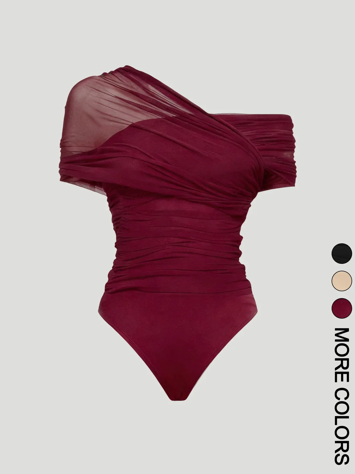 1 Piece Asymmetrical Off Shoulder Mesh Bodysuit for Women, Ruched Sheer Mesh Overlay Slim Fit Bodysuit,  Figure Flattering Top for Going Out Club Party Date Night, Fashionable Bodysuits, Trendy Y2K Coquette Sexy Elegant Aesthetic, Shapewear Bodysuit