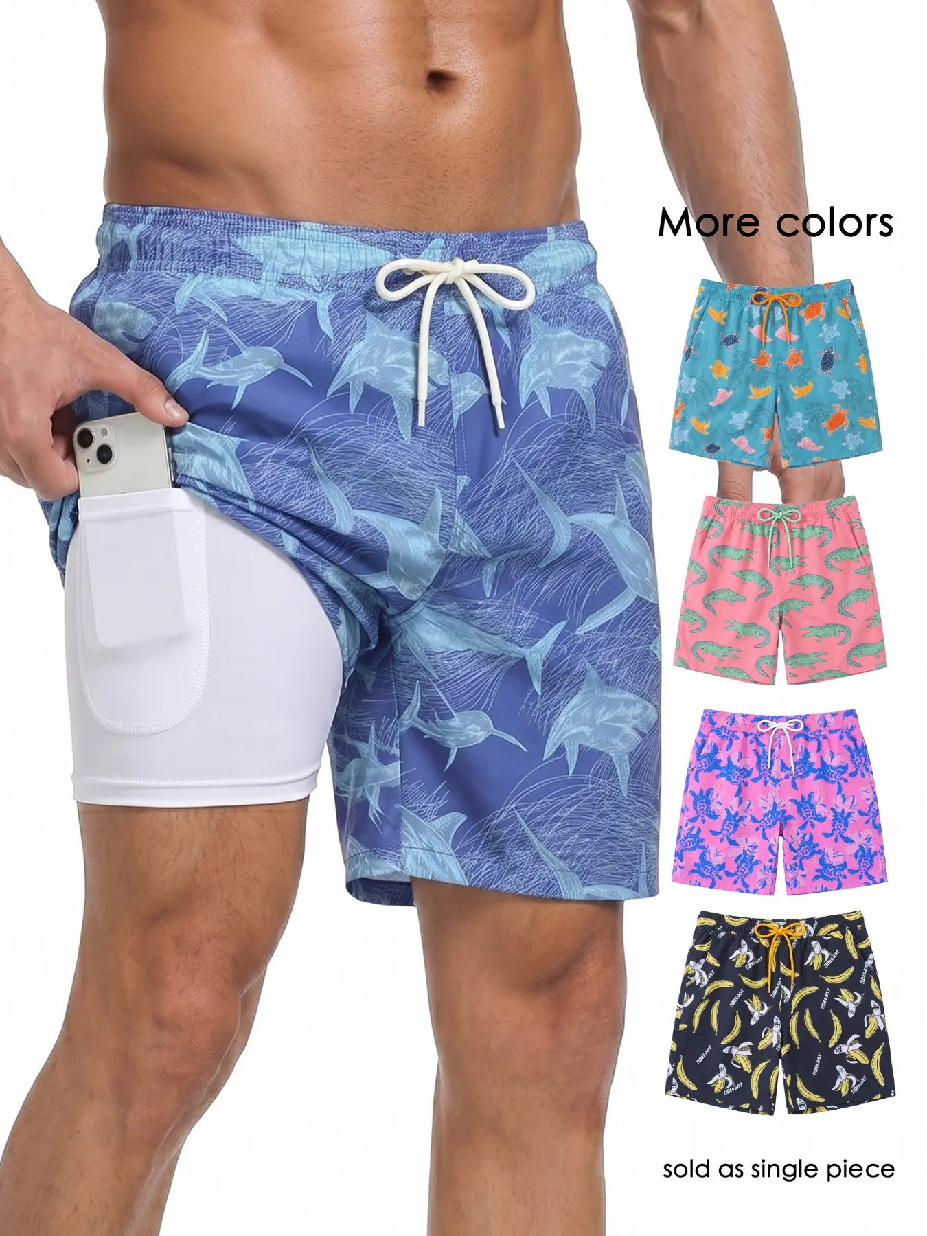 Men's 2-In-1 Compression Lining Swim Trunk, Quick-Dry Beach Shorts, 7-Inch Swimming Trunks, Sporty Geometric Design, Fitted Fit, Swim Trunks With Compression Liner