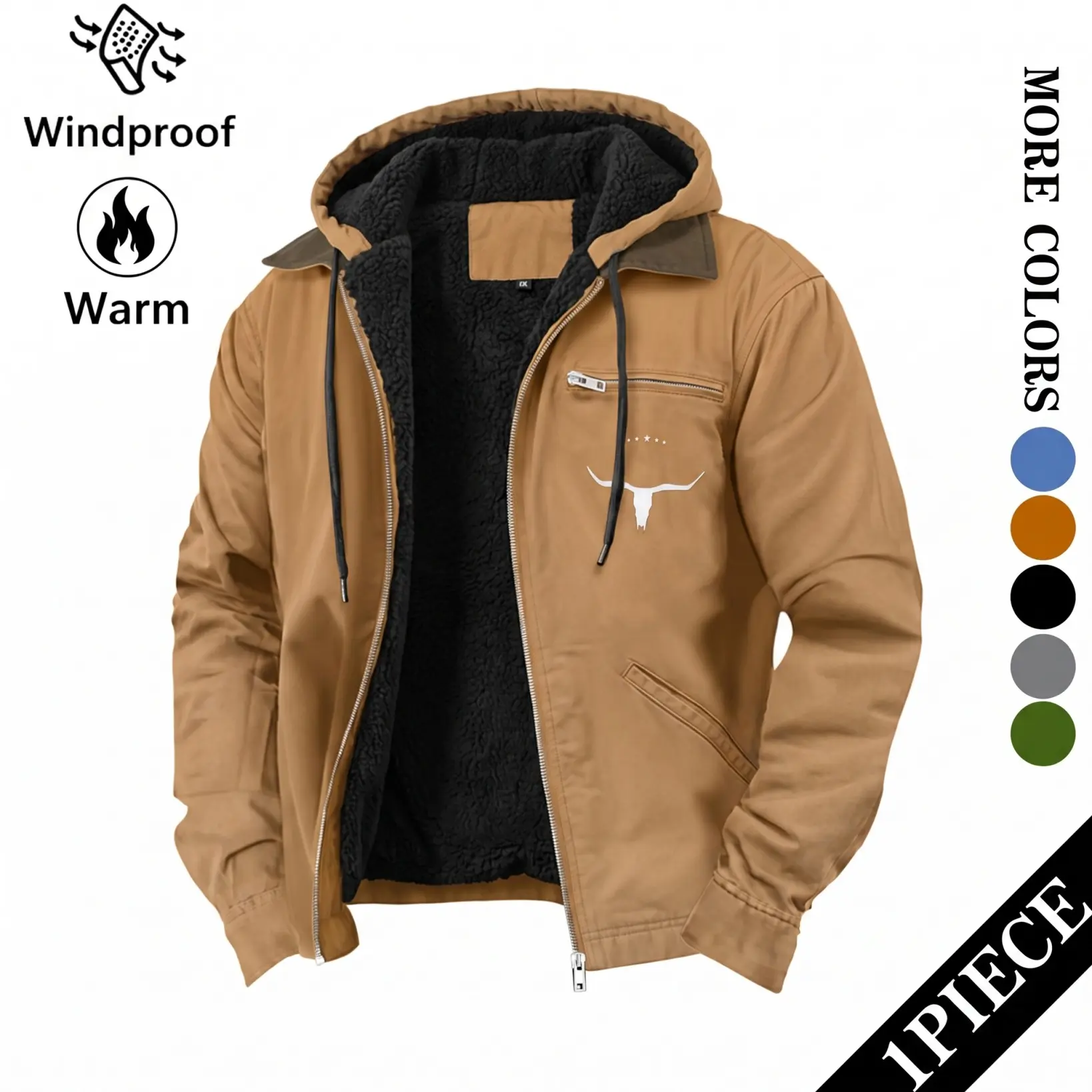 Men’s casual workwear jacket featuring a front zipper design and a bull head embroidery at the chest; windproof outdoor outerwear suitable for skiing, hiking, camping, and climbing; thickened lining with a full length zipper closure; also serves as everyd