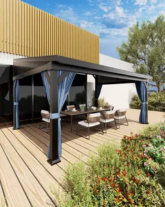 GAOMON 10'X14' Wall-Mounted Lean-to Gazebo – Galvanized Steel Roof with Gutters & Sliding Netting/Curtains, Weather-Resistant Pergola for Patio & Backyard