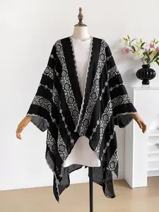 Fashion Split Hem Ditsy Floral Embroidered Shawl, Floral Pattern Shawl, Loose Fit Slimming Scarf, Summer Sun Protection, Versatile Lightweight Outerwear