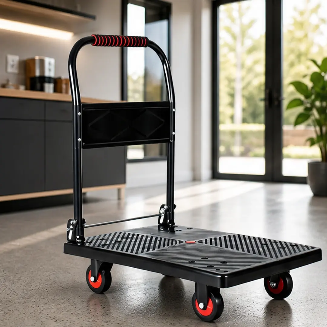 28-3/4" x 18-3/4" Foldable Platform Truck Handcart, 330lbs Heavy-Duty Push Dolly Cart with 4" TPR 360-Degree Silent Wheels, 4 Steel Load-Bearing Beams, Compact Folding Handle for Warehouse Garage Home Use, Black Steel, Black Color Options