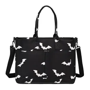 RIVERICH Bat Print Foldable Tote Bag for Halloween - Waterproof 2-in-1 Handbag & Crossbody Purse with Multiple Compartments, Spooky yet functional tote features organized pockets and adjustable strap for daily essentials, trick-or-treat candy bag