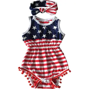 Baby Clothes Girl, 4th of July American Flag Romper with Tassels, Matching Headband for Toddlers
