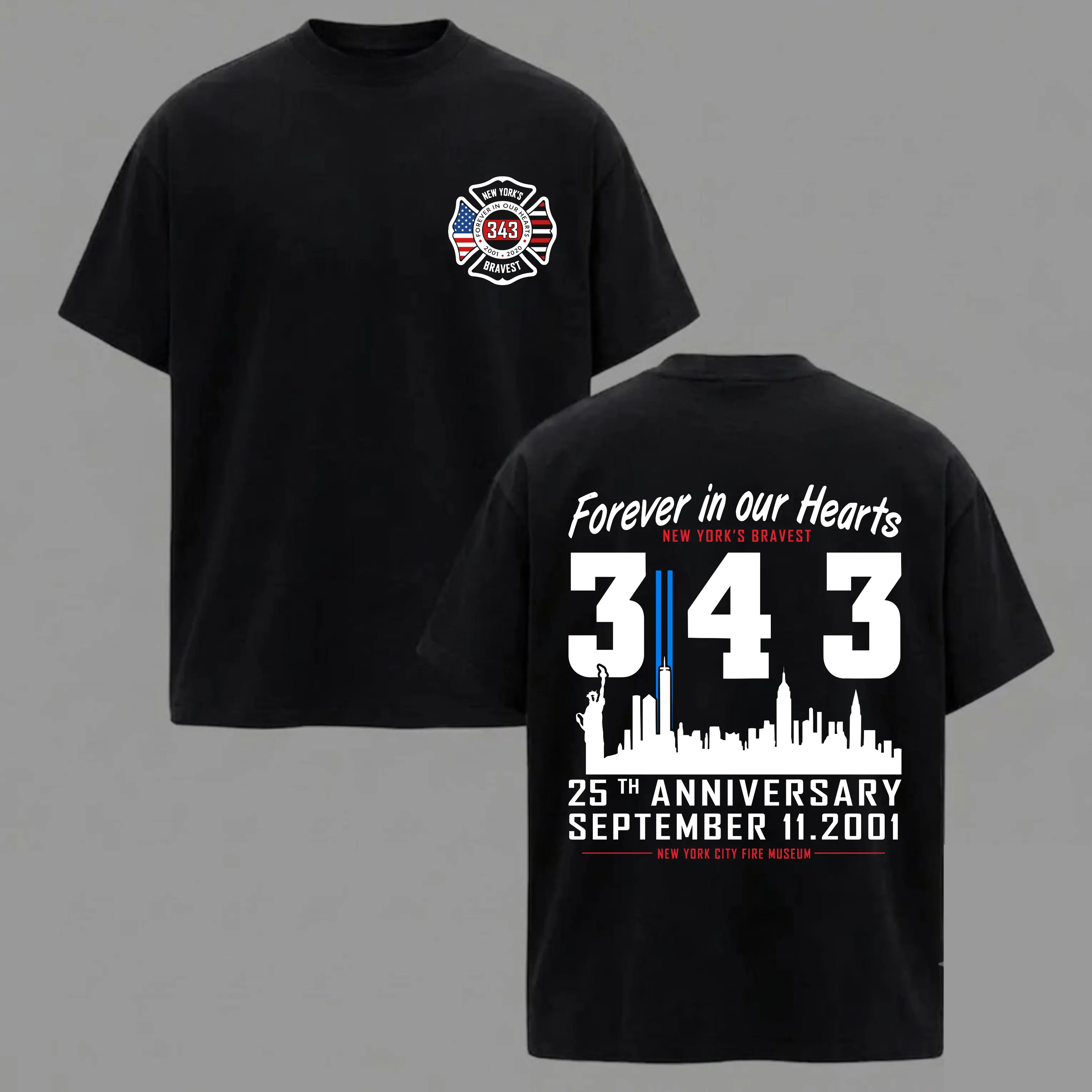Men's Classic Cotton Casual Short-Sleeve Round Neck 9/11 25th Anniversary 343 Firefighter Memorial 2-Sided Black T-Shirt, Patriot Day First Responder Tribute Gift, Shortsleeve