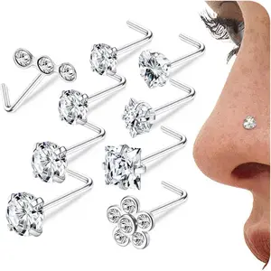 MILACOLATO Unisex Hypoallergenic 20G Nose Studs Set, 9Pcs Surgical Steel L-Shaped & Screw Nose Ring Jewelry with 1.5mm-4.5mm CZ for Piercings