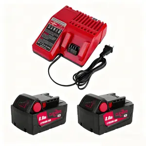 Two-pack 18V 8.0Ah lithium-ion battery and charger set, replacement batteries for cordless power tools. Two-pack 18V 8.0Ah lithium-ion battery and charger set, replacement batteries for cordless power tools.
