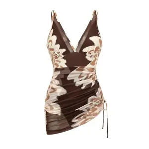 FLAXMAKER Women's V Neck Side Drawstring Brown Mesh Sheer Printed One Piece Swimsuit Beachwear Swimdress Bathing Suit Swimwear Sleeveless Bathing Suit Stylish Beachwear #TikTokShopBlackFriday