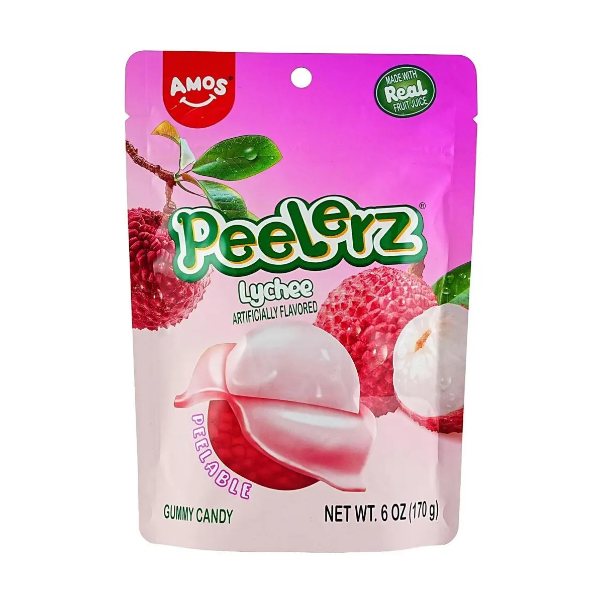 Amos Sweets Lychee Gummy Candy - Real Fruit Juice Added, Soft & Chewy, 170g Bag