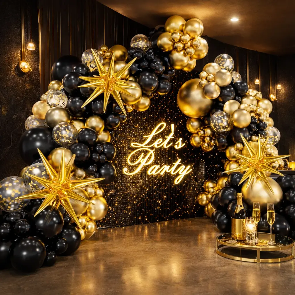132PCS Black Gold Balloon Garland Arch Kit, Black Gold Confetti Latex Balloons for 2026 Graduation Birthday Party Backdrop Decor