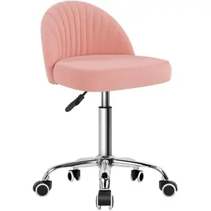 KKTONER Rolling Stool Swivel Office Chair Velvet Vanity Chairs Height Adjustable stools with Back for Bedroom Home Makeup Cosmetic Drafting(Pink)