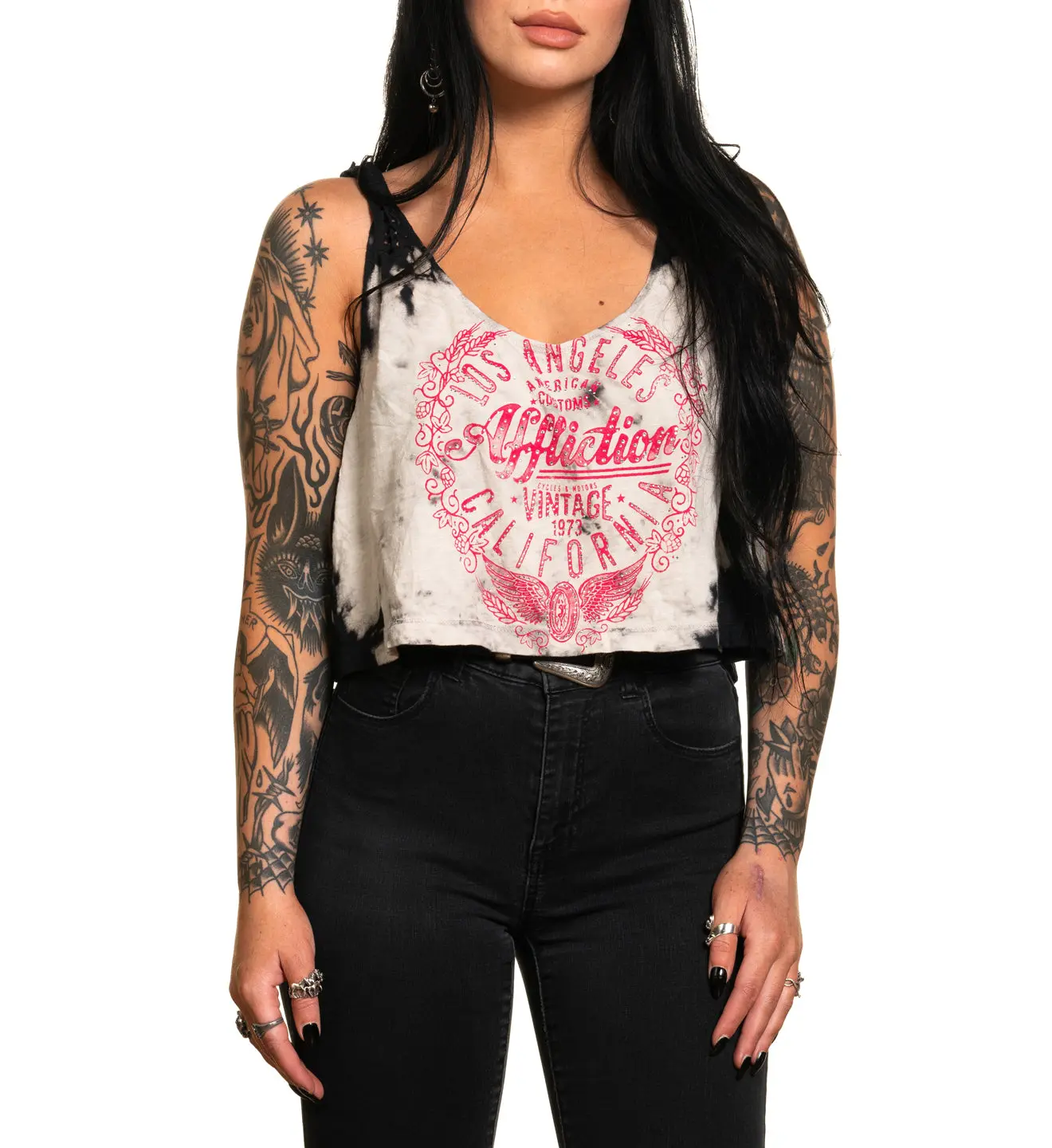 Affliction Women's Vintage Motors Tank Top, Oversized Cotton Pull On with a Lucid Dye Print and Rhinestone Details, Casual Wear, Rhinestones Front, All Seasons, Over Sized, Sleeveless