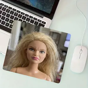 Funny Angry Blonde Doll Square Mouse Pad, Lockedge Anti-Slip Rubber Desk Mat, Aesthetic Desktop Accessory for Work & Gaming