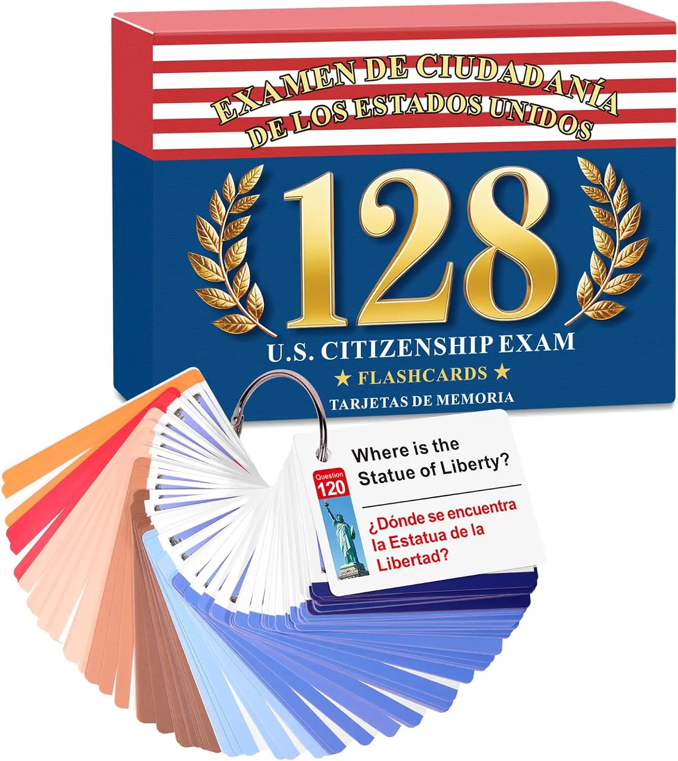 Summer Spring Gift US Citizenship Flash Cards 2026 - Complete 128 USCIS Civics Questions and Answers Study Guide, Bilingual English & Spanish Set with Metal Ring - Tarjetas de Ciudadanía 2026 para Naturalización