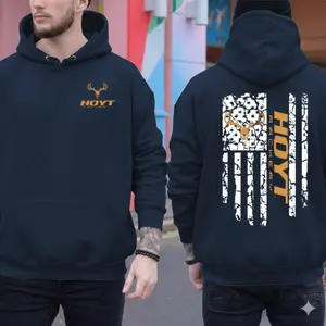 Gildan Vintage Hunting Hoodie, Soft Cotton Fleece By Gildan, Hoyt Archery Patriotic Deer Skull USA Flag Graphic, Made In USA, For Men, Women, Shop Now