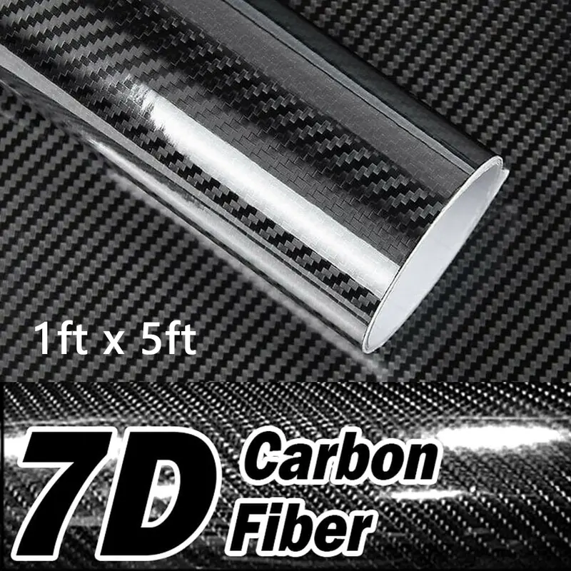 7D Gloss Black Carbon Fiber Wrap Vinyl (1ft x 5ft/12in x 60in) - Bubble-Free Air Release Adhesive, Water Resistant UV Vinyl, Repositionable Exterior Decals for DIY Vehicle Decor, Home Furniture DIY Decor