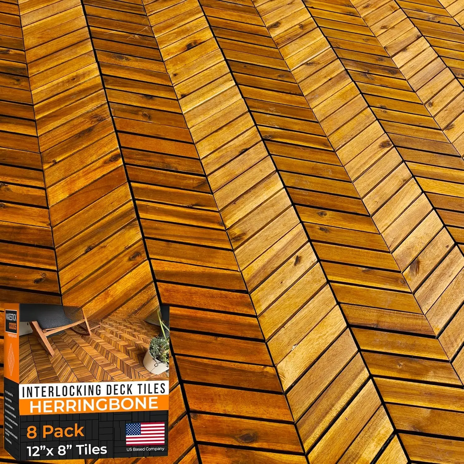 Interlocking Deck Tiles 12"x8" Herringbone 6 Sq Ft - Acacia  Patio Tiles for Outdoor Flooring, Porch & Balcony - Non-Slip Wooden Tile Pavers - Easy to Install, 8 Tiles, 2 Edges