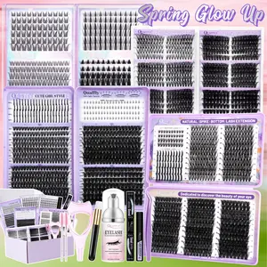 Lash Clusters Kit, Eyelash Extensions Set, DIY Lash Extension Kit 2125Pcs Cluster Eyelash Extensions Spike+Bottom Lash Extensions Kit with Lash Bond and Seal Remover Tweezers MascaraShield Cleansing Mousse Cleaning brush Mascara Brush*2 Gift Packs