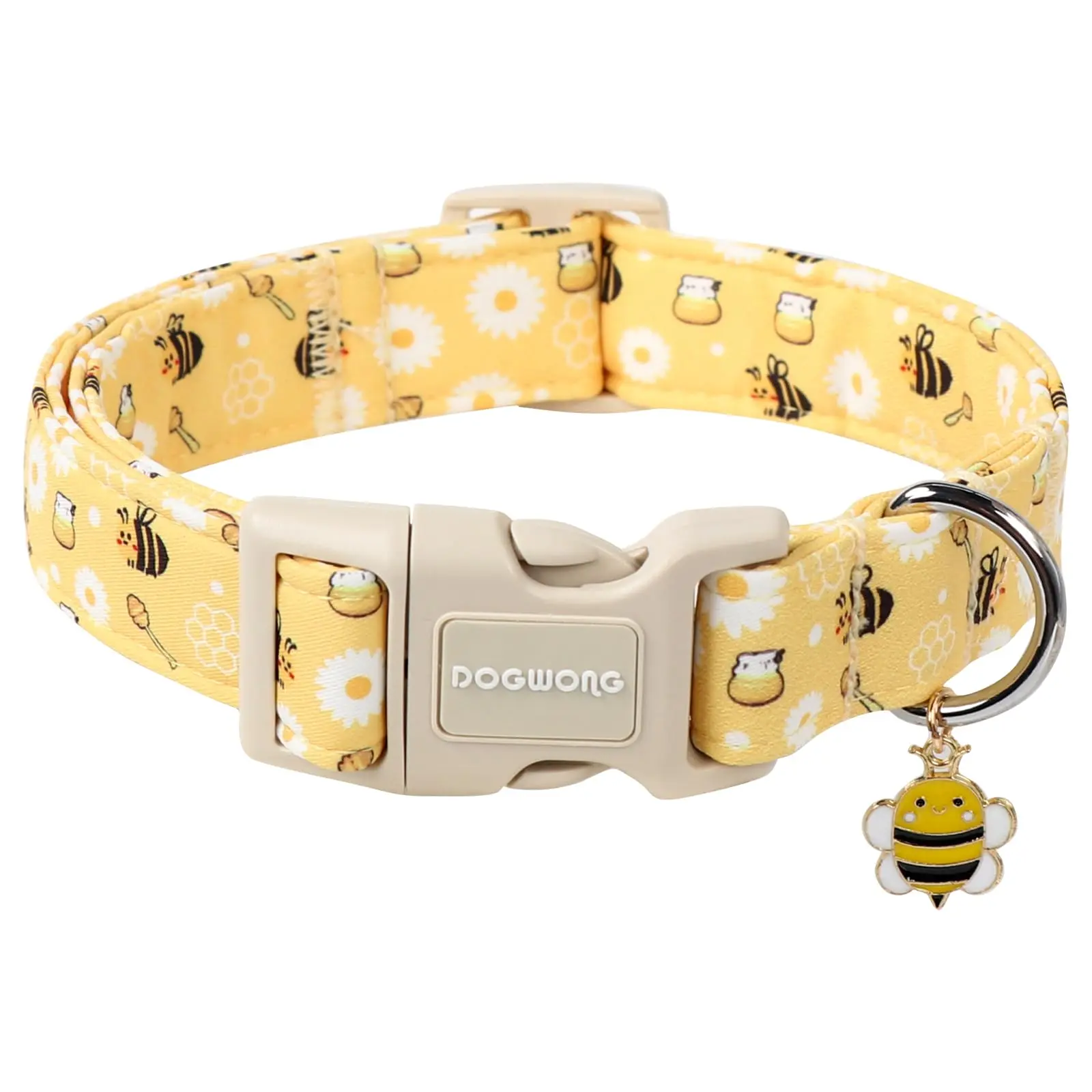 DOGWONG Yellow Bee Cute Cotton Designer Spring Dog Collar - Adjustable, Chew-Resistant, Detachable, Universal Fit for Small/Medium/Large Dogs (XS, 8-12" Length) | Pet Collars, Adjustable Collars