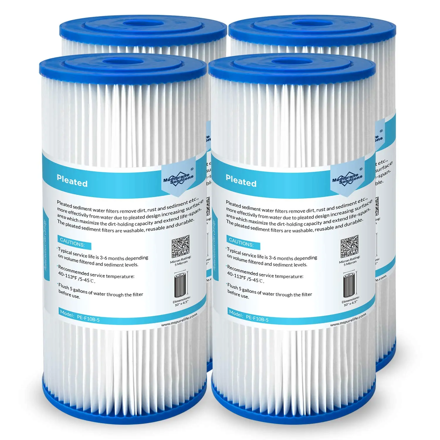 Membrane Solutions 5 20 50 Micron Pleated Water Filter Home 10"x4.5" Whole House Heavy Duty Sediment Replacement Cartridge Compatible (4 pack)