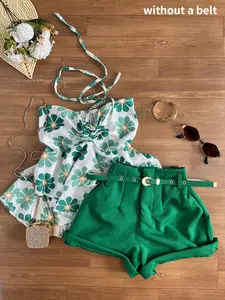 New Summer Casual Everyday Two-Piece Set, Girl Style Floral, Flower Halter Neck Top + Shorts, Sweet Style Leisure Suit for Women, Womenswear