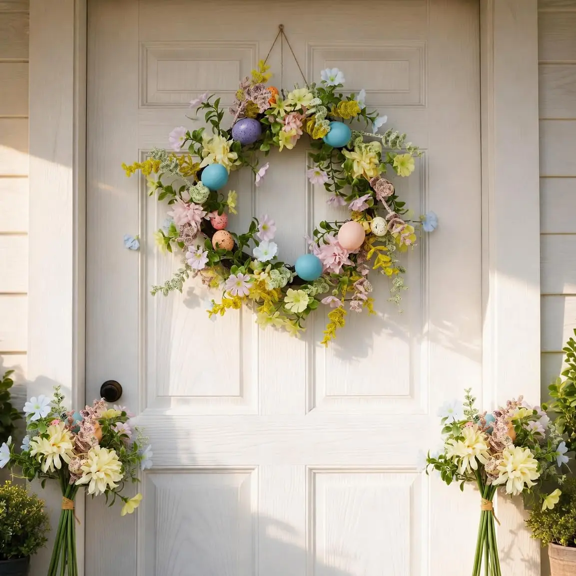 Garvee Easter Wreath for Front Door – 18 inch Spring Floral Wreath with Easter Eggs, Greenery, Real Rattan Base & 2 Matching Bouquets for Seasonal Home Decor