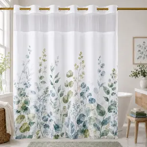 Green Botanical No Hook Shower Curtain and Snap-in Liner , Hookless Double-Layer Bathroom Curtain with Snap-in Waterproof Liner, Sheer Top Panel, Floral Leaf Design, 72 x 75 Inch