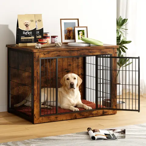 Warcat Wooden Dog Crate Furniture with 4mm Thick Cozy Cushion - Iron Enclosed Escape-Proof Kennel, Double Door, Adjustable Side End Table, Easy Assembly & Cleaning for Indoor Small-Large Dogs (L:38.7"l x25.7"w x26.9"h, M:32.6"l x22.1"w x25.3"h)