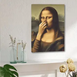1 Framed Canvas Art Print: Humorous "Mona Lisa" Parody. A chic, wood-framed wall decoration suitable for the bathroom, living room, or office, offering a playful interpretation of a classic masterpiece—easy to hang.