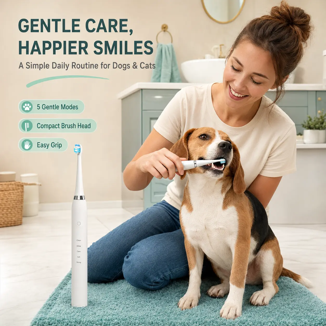 Pet Electric Oral Care Kit for Dogs & Cats, 5-Mode Rechargeable Plaque Removal Tool with Interchangeable Brush Heads, Metal Tips & Fresh Breath Support
